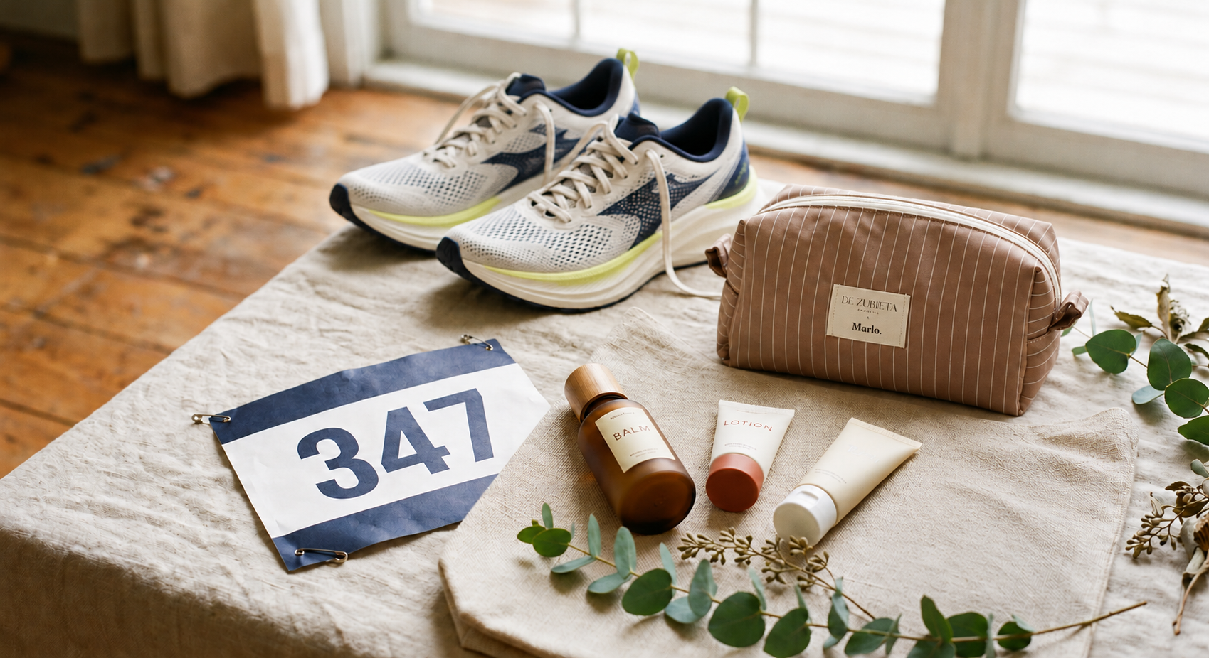 Zapatillas técnicas de running, neceser De Zubieta × Marlo, productos de cuidado y un dorsal de carrera