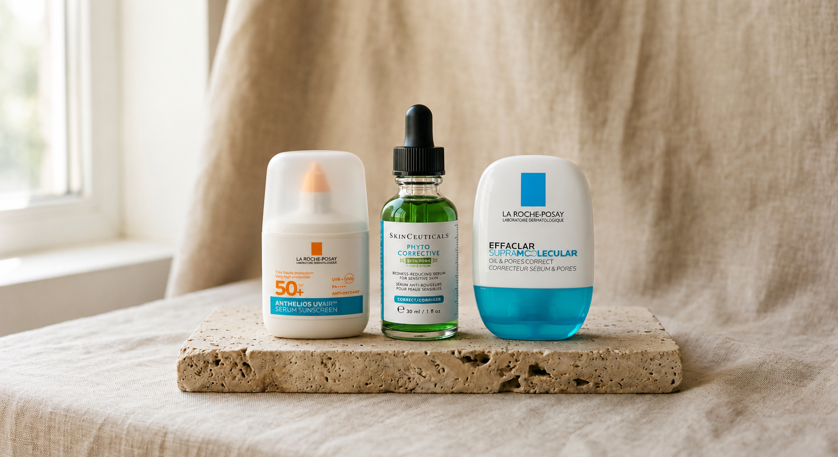 Anthelios UVAIR SPF50+ de La Roche-Posay, Phyto Corrective con PDRN de SkinCeuticals y Effaclar Supramolecular de La Roche-Posay sobre una piedra de travertino